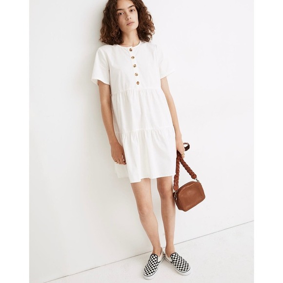 Madewell Button Front Short Sleeve Tiered Mini Dress White Size Large - Picture 1 of 9